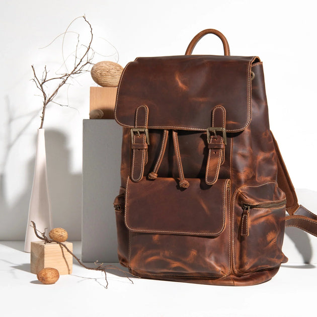 premium leather backpack in tan full grain leather