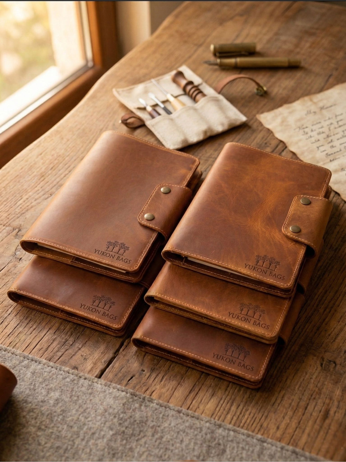 Personalized Yukon leather corporate gifts on a desk