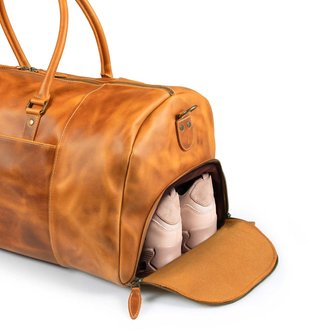 Leather Duffle Bag, 47L Carry-On Weekender, Shoe Compartment, Yukon Bags, Camel Leather Duffle Bag, 47L Carry-On Weekender, Shoe Compartment, Yukon Bags, Camel