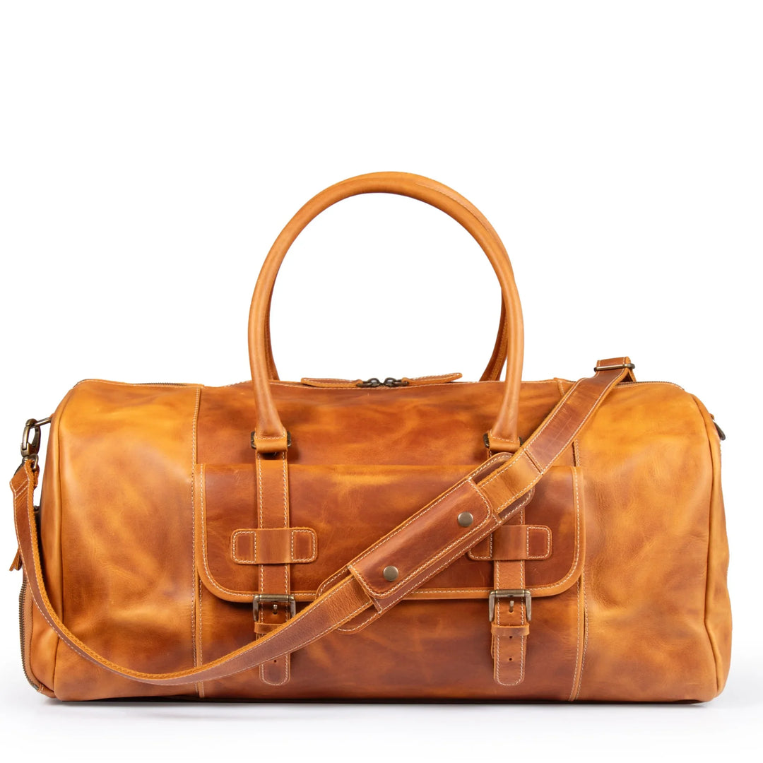 Leather Duffle Bag, 47L Carry-On Weekender, Shoe Compartment, Yukon Bags, Camel