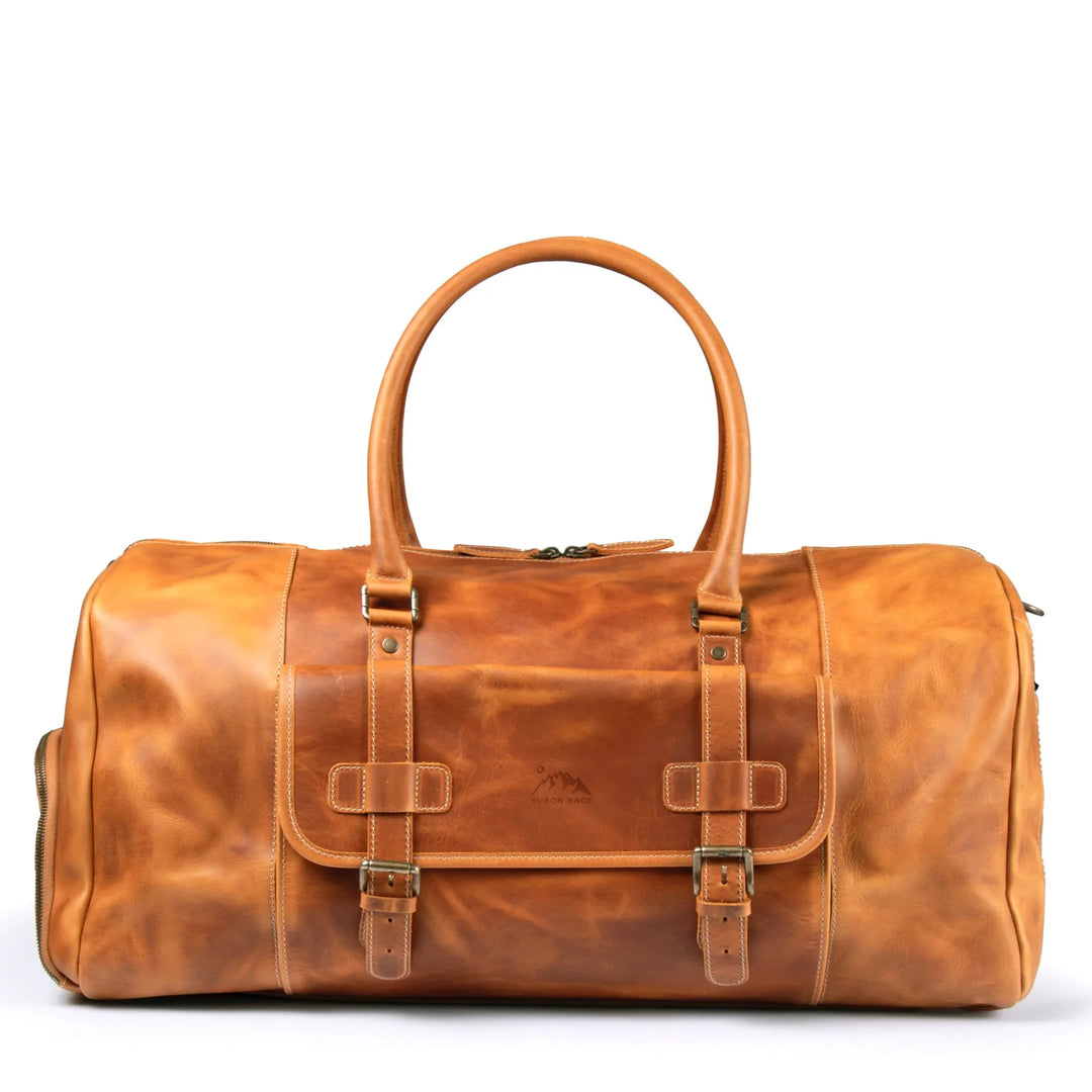 Leather Duffle Bag, 47L Carry-On Weekender, Shoe Compartment, Yukon Bags, Camel