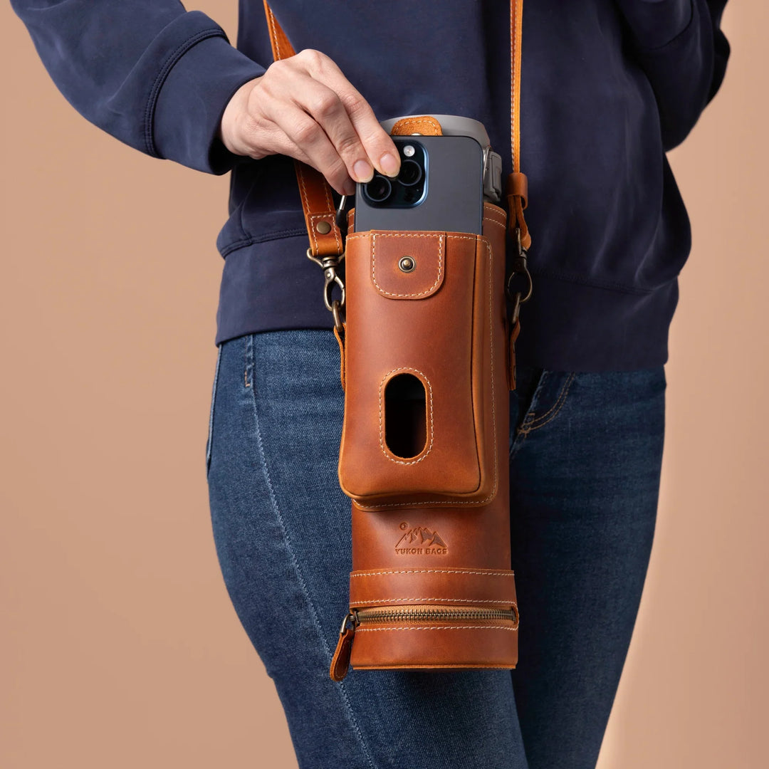 HikerPouch Leather Water Bottle Carrier - With Phone Pocket, Adjustable Strap, For Hydro Flask & Yeti