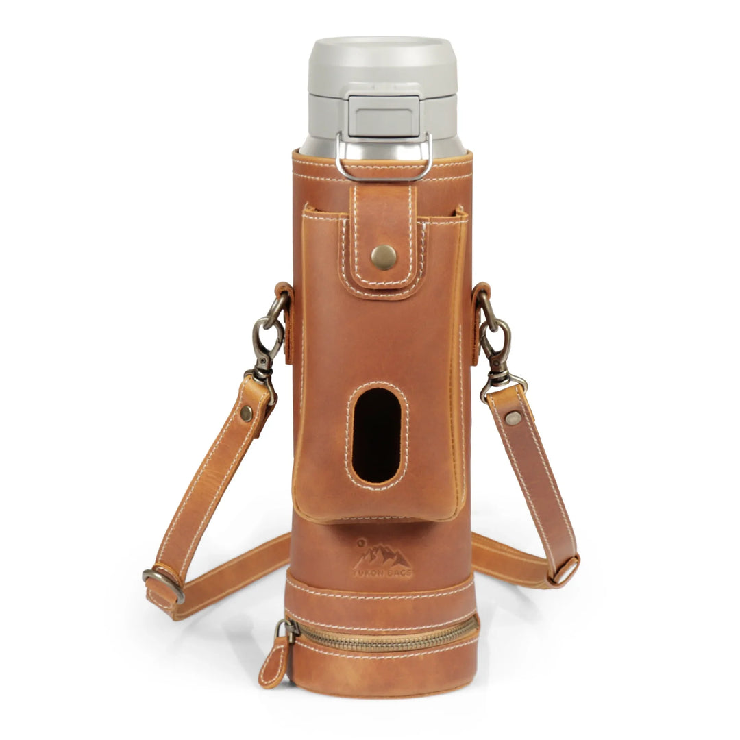 brown leather wine backpack Leather Water Bottle Bag, Full Grain Crossbody Carrier Fits 40 oz, Yukon Bags, Camel