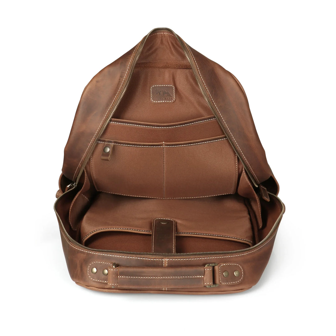 carryall leather backpack Leather Travel Backpack, 25L Laptop Backpack with Trolley Strap, Yukon Bags, Tan
