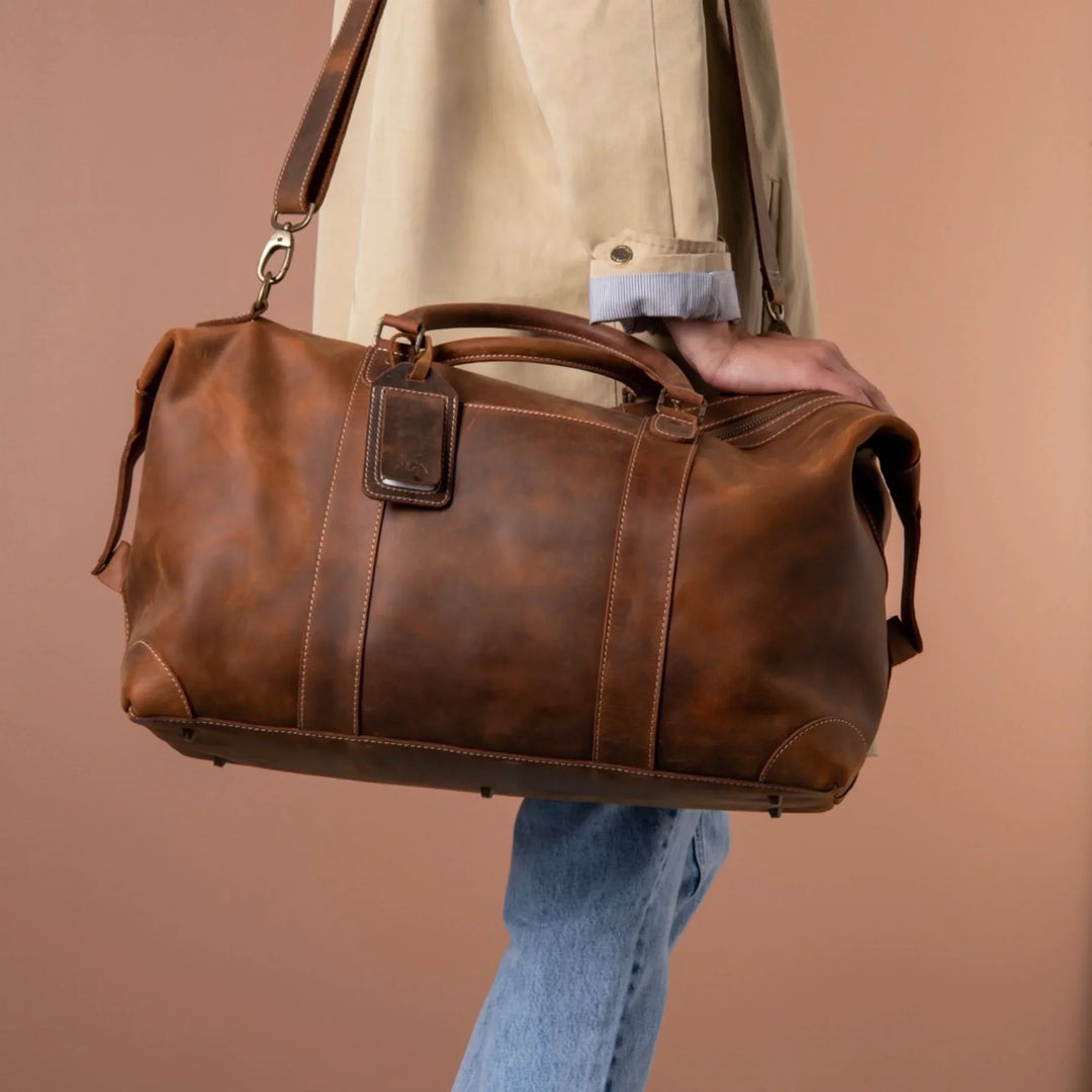 Leather Duffle Bag, 45L Carry-On Weekender, Full Grain Crazy Horse Leather, Yukon Bags, Tan